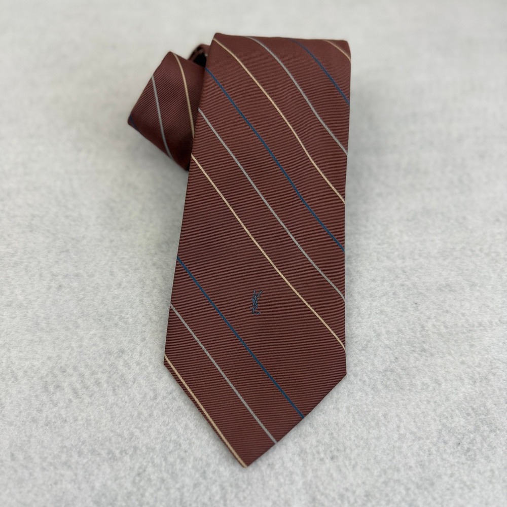 Yves Saint Laurent Necktie Men One‎ Size Brown Striped Logo Silk Blend Business
